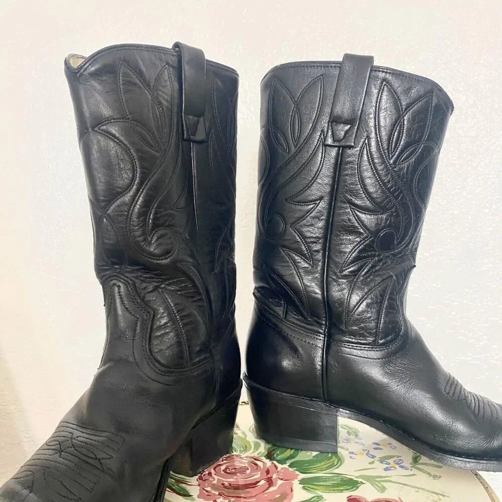 Vintage 1980s Acme Black Leather Cowboy Boots Made in USA Size Mens 7 D